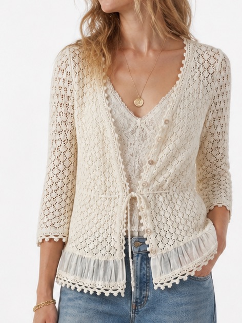 J. Jill Ivory Crochet Lace Cardigan Linen & Cotton Tie Front Boho Cottagecore Sm